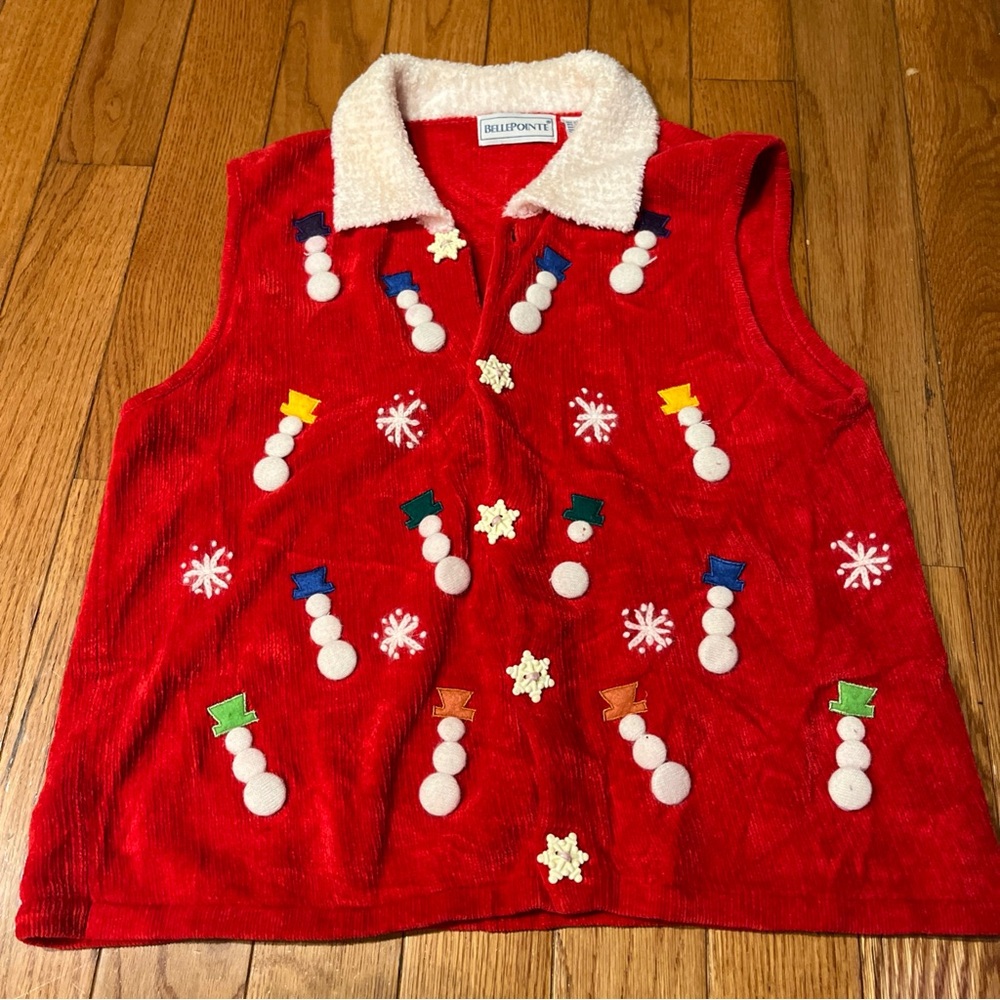Red Snowman Design Sweater Vest Chenille Ugly Christmas Sweater Vintage VTG